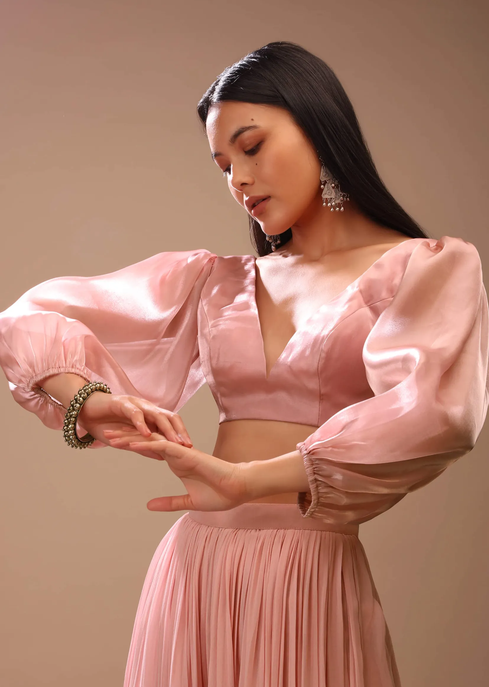 Peach skin Blouse In Organza With Plunging V Neckline And Three Quarter Balloon Sleeves