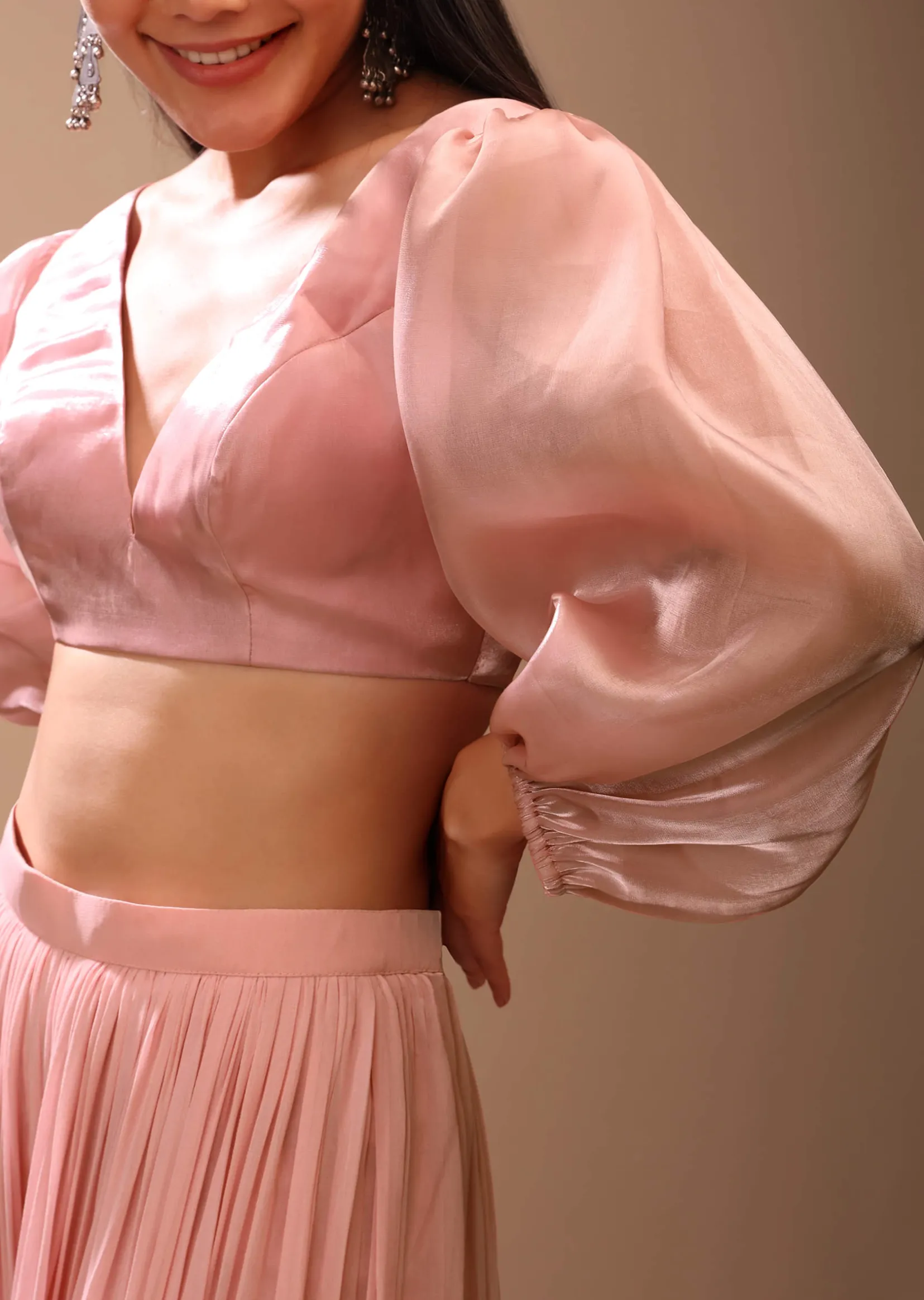 Peach skin Blouse In Organza With Plunging V Neckline And Three Quarter Balloon Sleeves