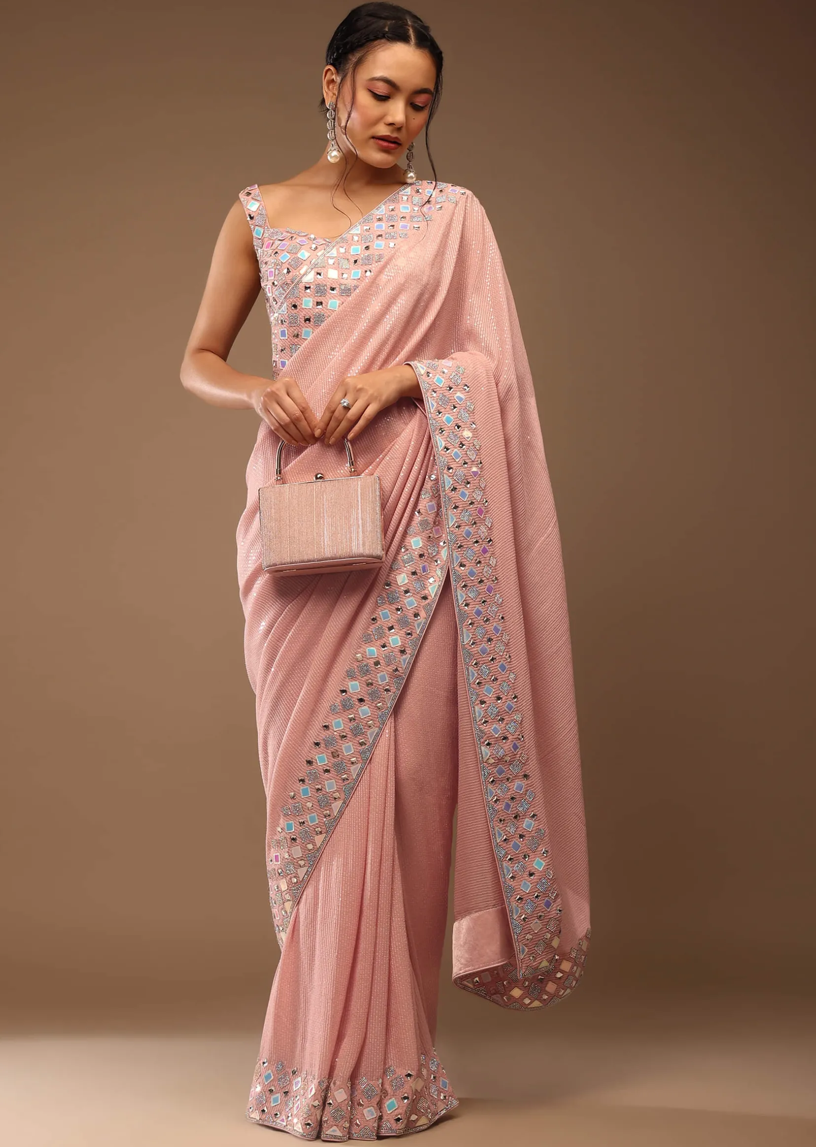 Peach Skin Saree With A Crop Top In Iridescent Foil Embellishment
