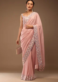 Peach Skin Saree With A Crop Top In Iridescent Foil Embellishment