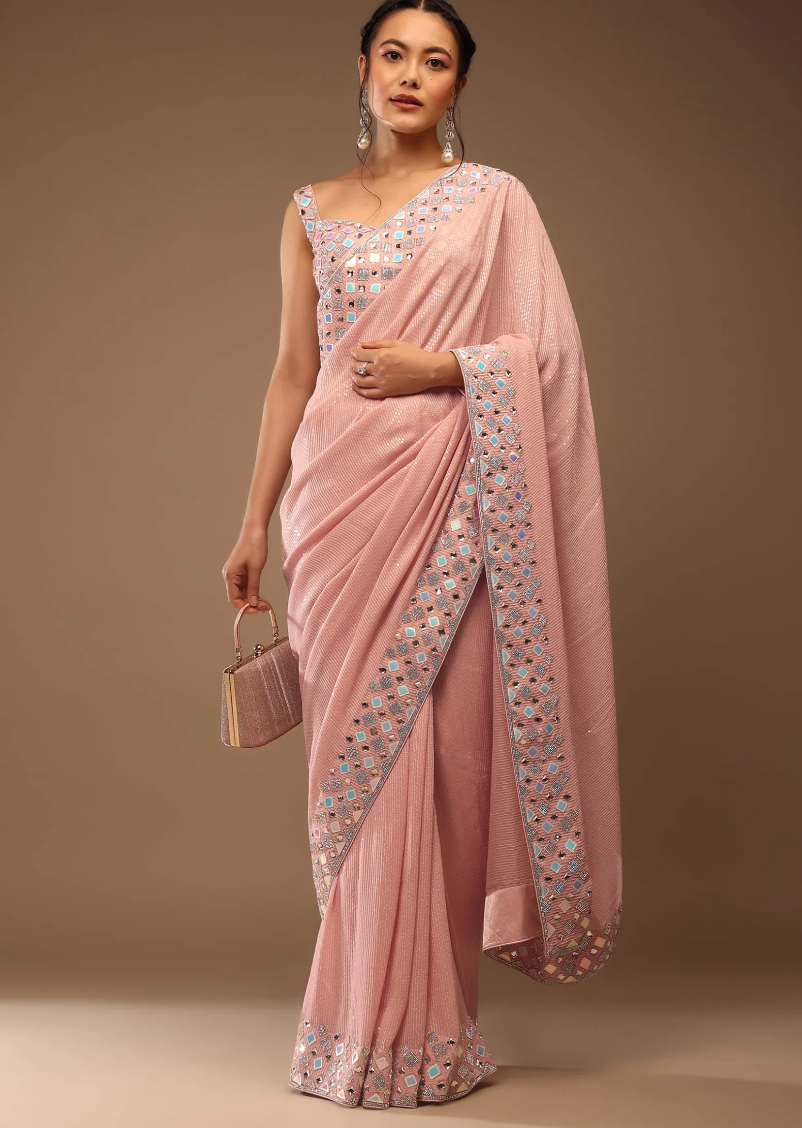 Peach Skin Saree With A Crop Top In Iridescent Foil Embellishment