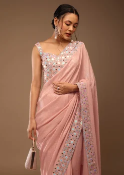 Peach Skin Saree With A Crop Top In Iridescent Foil Embellishment
