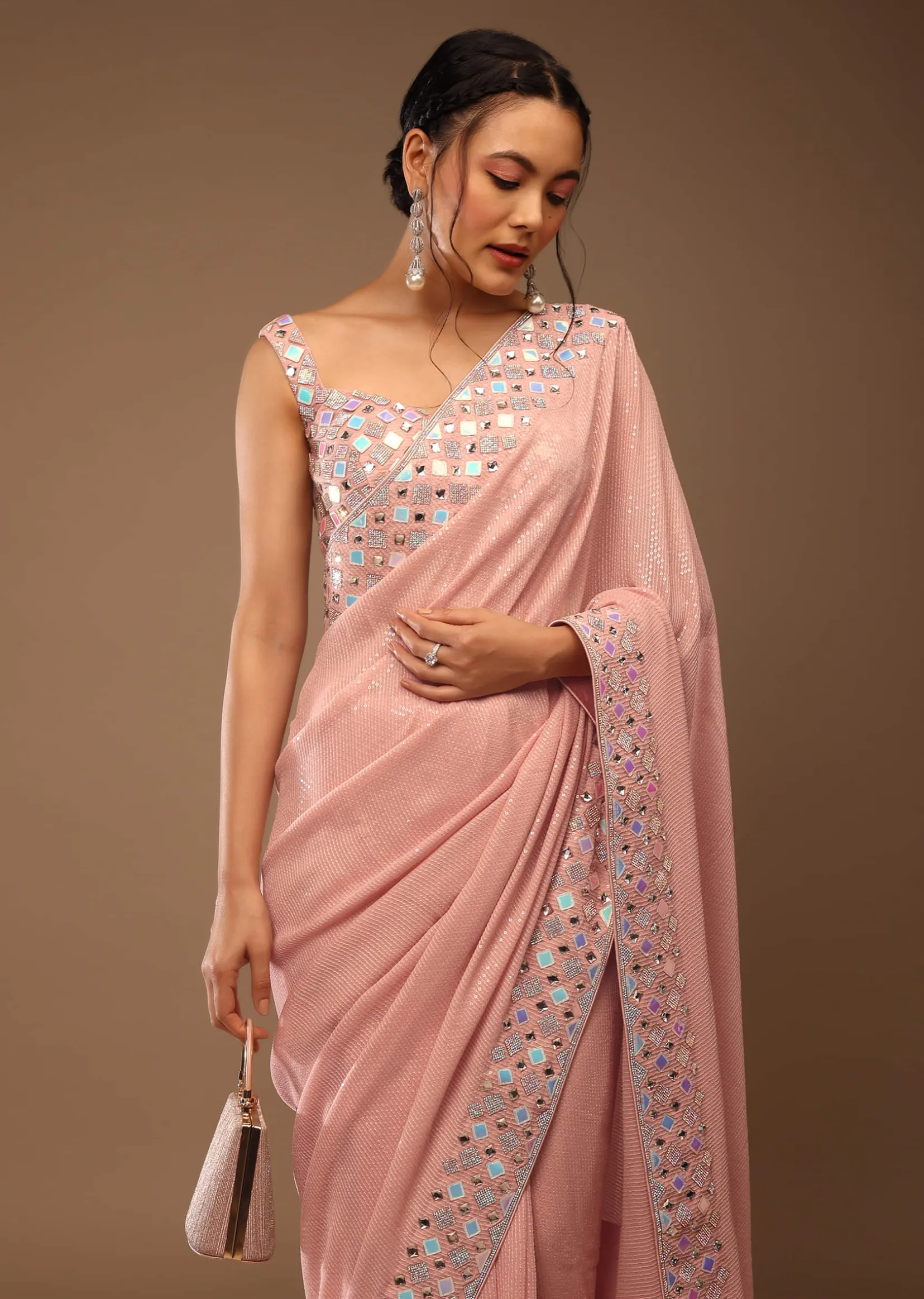 Peach Skin Saree With A Crop Top In Iridescent Foil Embellishment