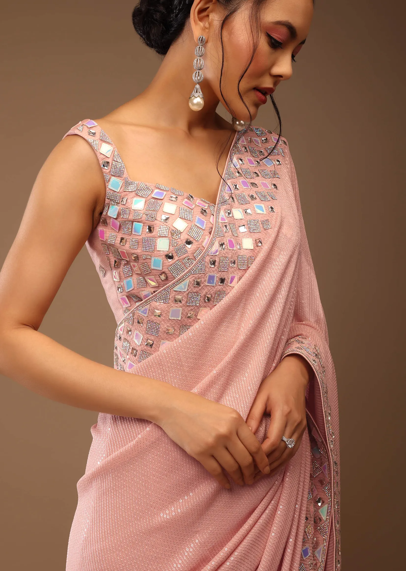 Peach Skin Saree With A Crop Top In Iridescent Foil Embellishment