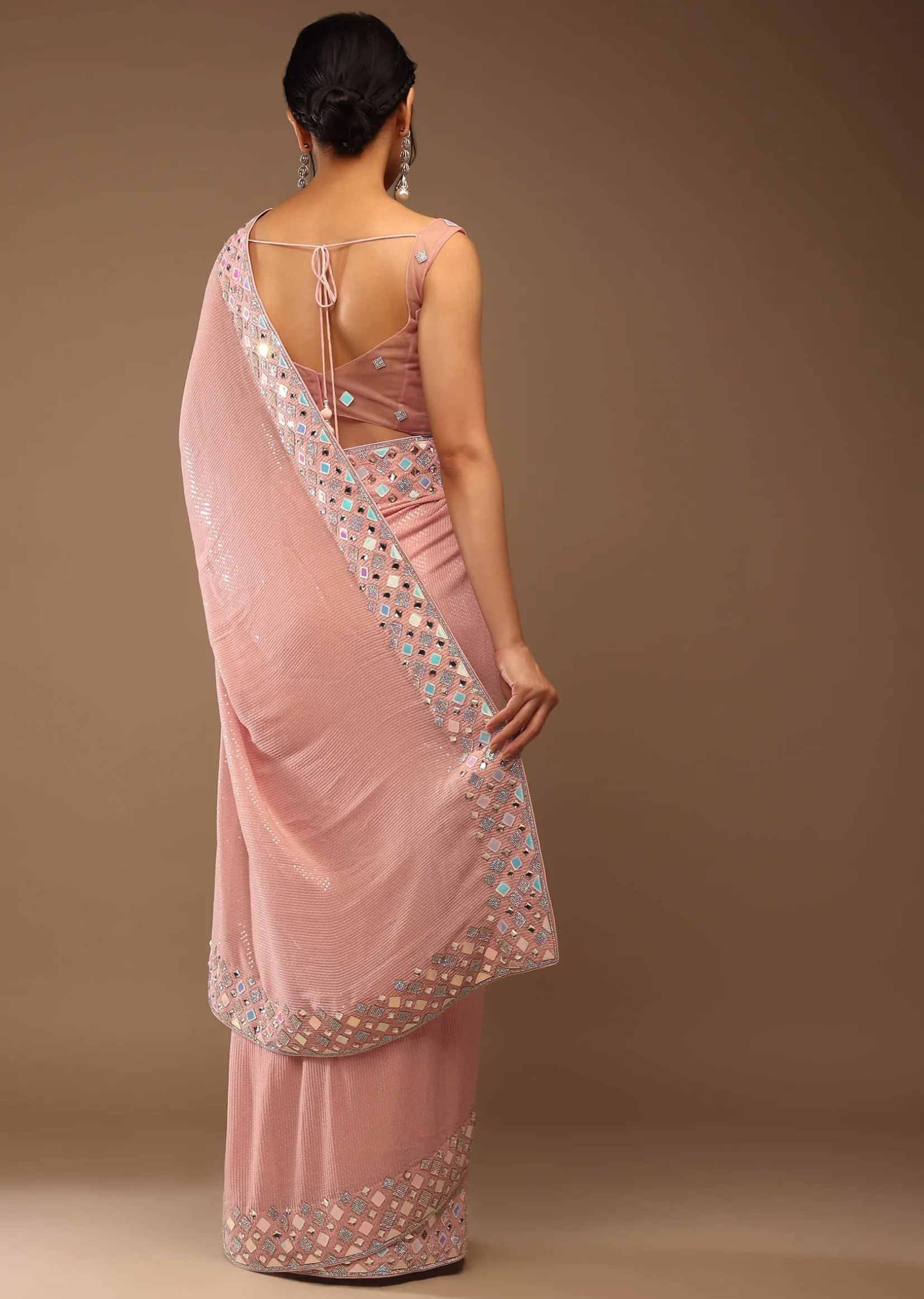 Peach Skin Saree With A Crop Top In Iridescent Foil Embellishment
