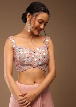 Peach Skin Saree With A Crop Top In Iridescent Foil Embellishment