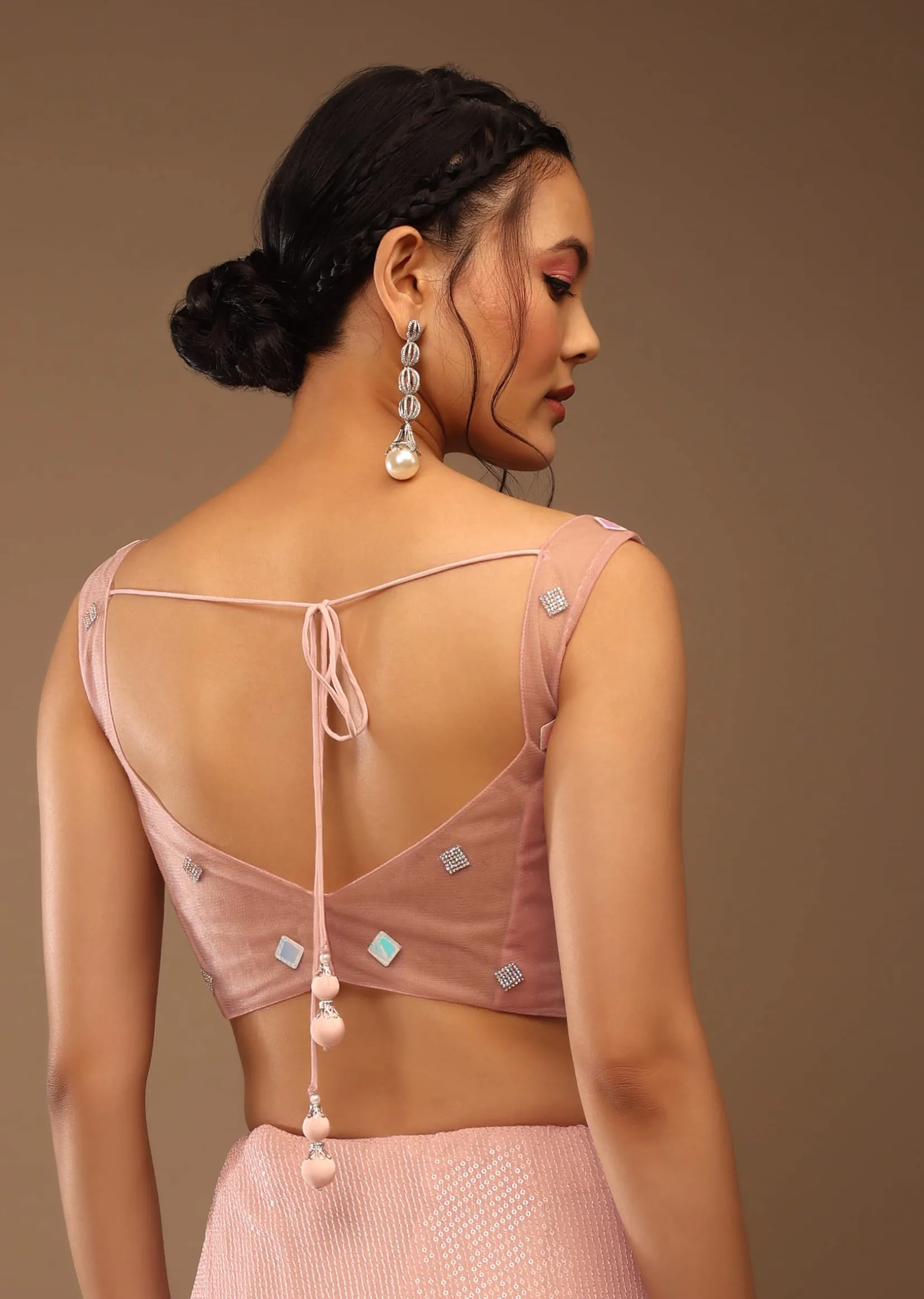 Peach Skin Saree With A Crop Top In Iridescent Foil Embellishment