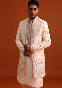 Peach Thread Embroidered Cotton Silk Sherwani Set