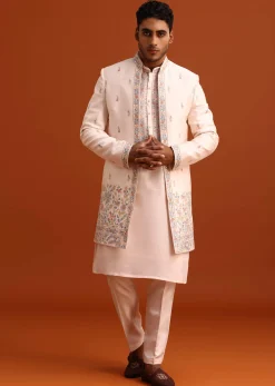 Peach Thread Embroidered Cotton Silk Sherwani Set