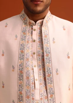 Peach Thread Embroidered Cotton Silk Sherwani Set