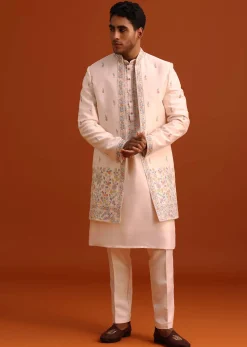 Peach Thread Embroidered Cotton Silk Sherwani Set