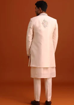 Peach Thread Embroidered Cotton Silk Sherwani Set
