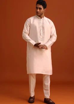 Peach Thread Embroidered Cotton Silk Sherwani Set