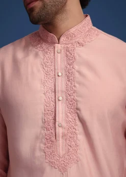 Peach Thread Hand Embroidered Kurta Set