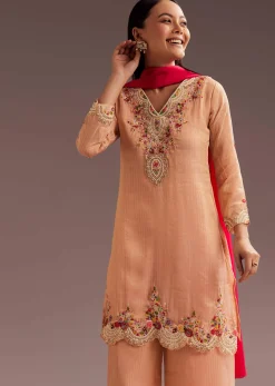 Peach Thread Moti Kurta Palazzo Dupatta Set