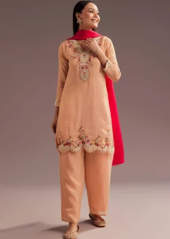 Peach Thread Moti Kurta Palazzo Dupatta Set