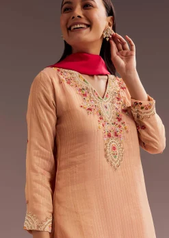 Peach Thread Moti Kurta Palazzo Dupatta Set