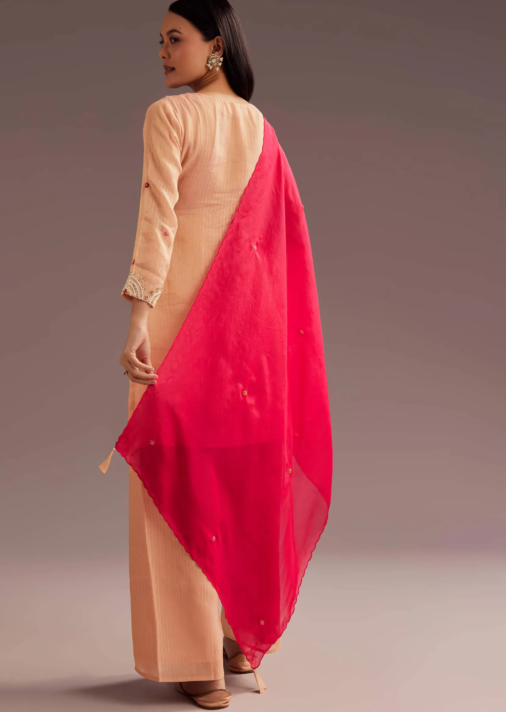 Peach Thread Moti Kurta Palazzo Dupatta Set