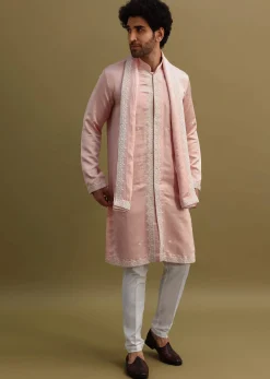Peach Thread Work Kurta With Dupatta Set
