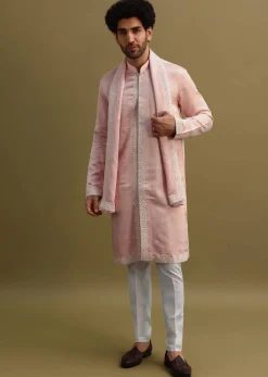 Peach Thread Work Kurta With Dupatta Set