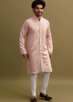 Peach Thread Work Kurta With Dupatta Set