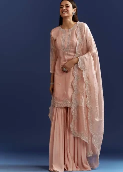 Peach Tissue Cutdana Kurta With Stone Work Dupatta In Tissue