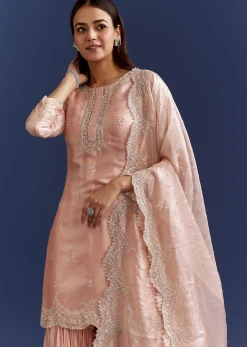 Peach Tissue Cutdana Kurta With Stone Work Dupatta In Tissue