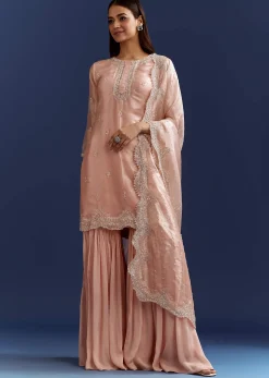 Peach Tissue Cutdana Kurta With Stone Work Dupatta In Tissue