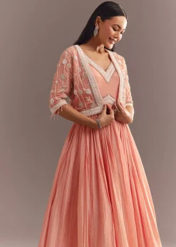 Peach Tissue Gown With Embroidered Jacket