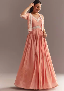 Peach Tissue Gown With Embroidered Jacket