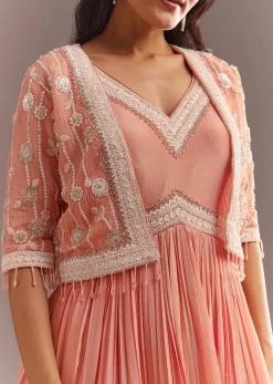 Peach Tissue Gown With Embroidered Jacket