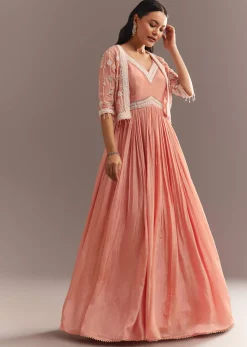 Peach Tissue Gown With Embroidered Jacket