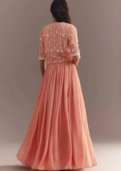 Peach Tissue Gown With Embroidered Jacket
