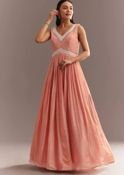 Peach Tissue Gown With Embroidered Jacket