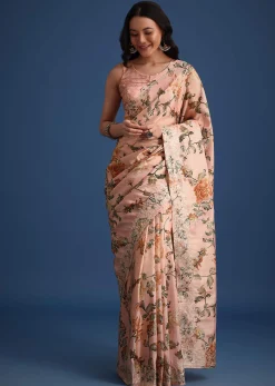 Peach Tissue Muslin Digital Print Saree With Pitta Work Border