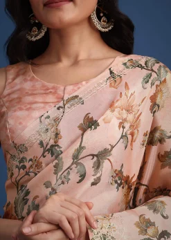 Peach Tissue Muslin Digital Print Saree With Pitta Work Border