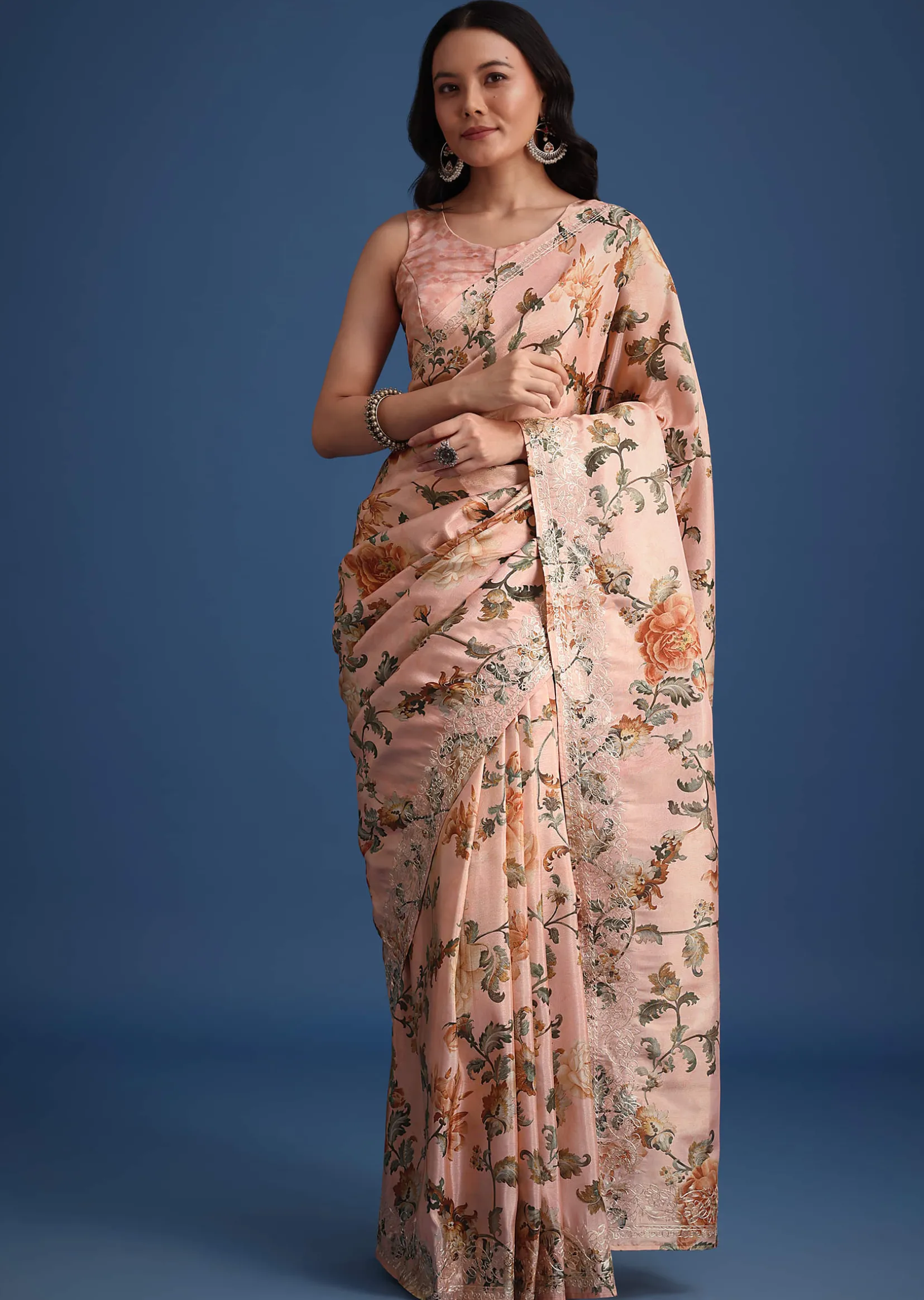 Peach Tissue Muslin Digital Print Saree With Pitta Work Border