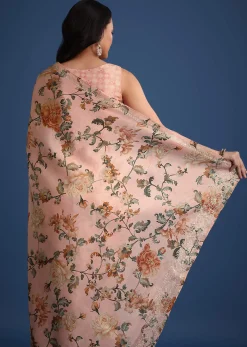 Peach Tissue Muslin Digital Print Saree With Pitta Work Border