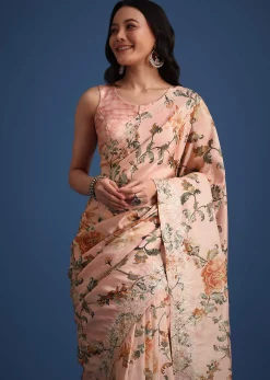 Peach Tissue Muslin Digital Print Saree With Pitta Work Border