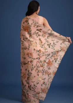 Peach Tissue Muslin Digital Print Saree With Pitta Work Border