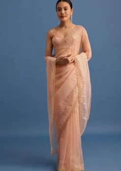 Peach Tissue Saree With Cutdana Embroidered Border And Unstitched Blouse
