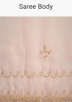 Peach Tissue Saree With Cutdana Embroidered Border And Unstitched Blouse