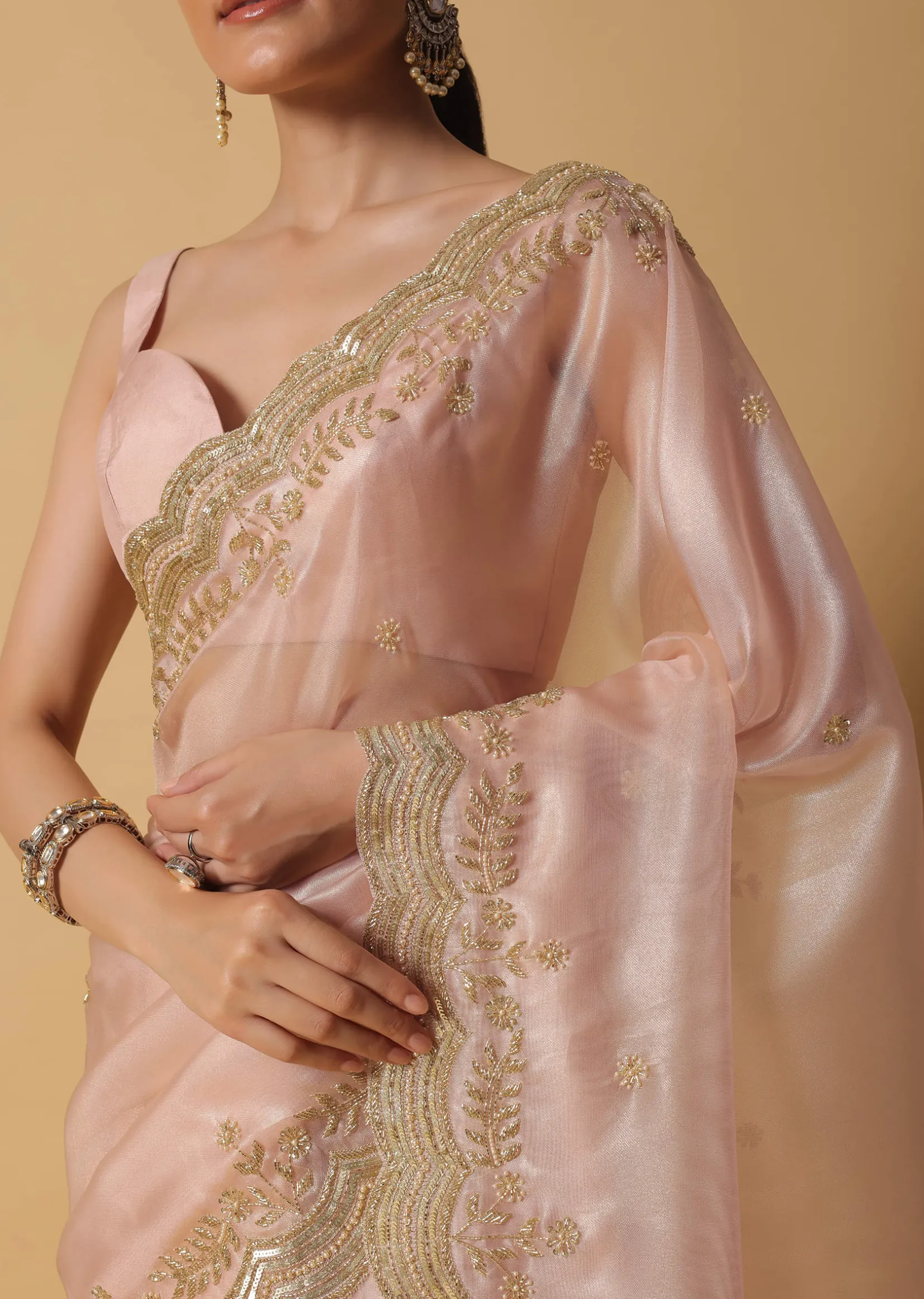 Peach Tissue Saree With Cut Dana Embroidered Borders