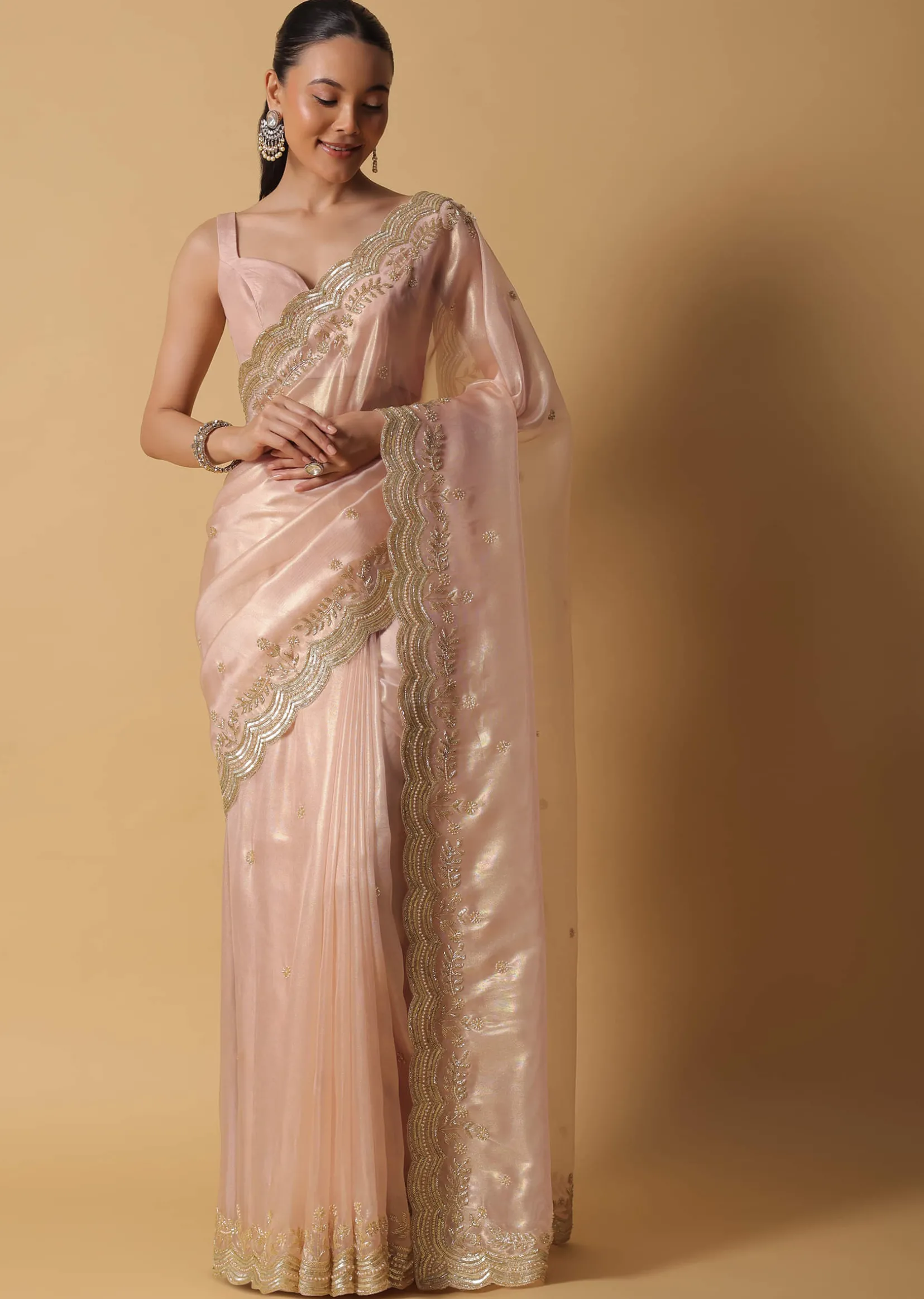 Peach Tissue Saree With Cut Dana Embroidered Borders