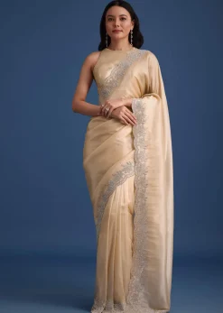 Peach Tissue Saree With Diamonds Embroidered Border