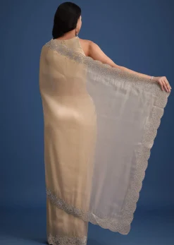 Peach Tissue Saree With Diamonds Embroidered Border