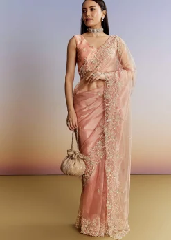 Peach Tissue Saree With Floral Moti And Cutdana Embroidery