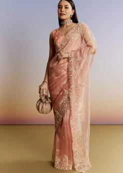 Peach Tissue Saree With Floral Moti And Cutdana Embroidery