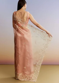 Peach Tissue Saree With Floral Moti And Cutdana Embroidery