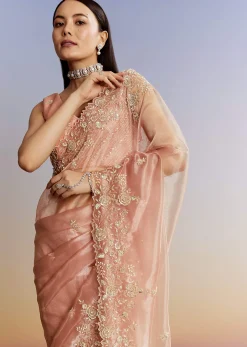 Peach Tissue Saree With Floral Moti And Cutdana Embroidery